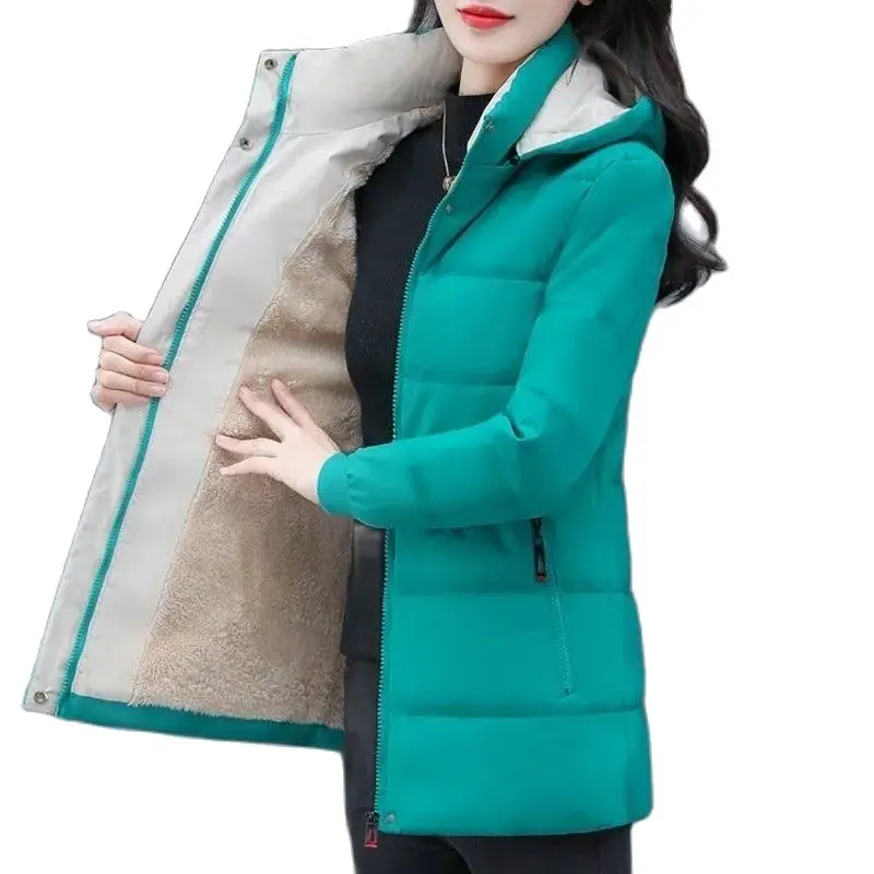 Destacável com capuz parka jaqueta à prova de vento jaqueta de inverno feminina de pelúcia e engrossado high-end casaco de algodão curto feminino retalhos