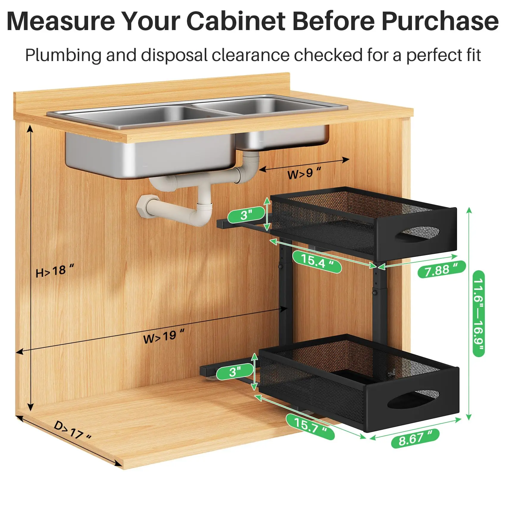 1 Pcs Under Sink Organizer, 2 Tier Pull out Cabinet Organizer Baskets with Mesh Sliding Drawers, Kitchen Slide out Storage Shelf