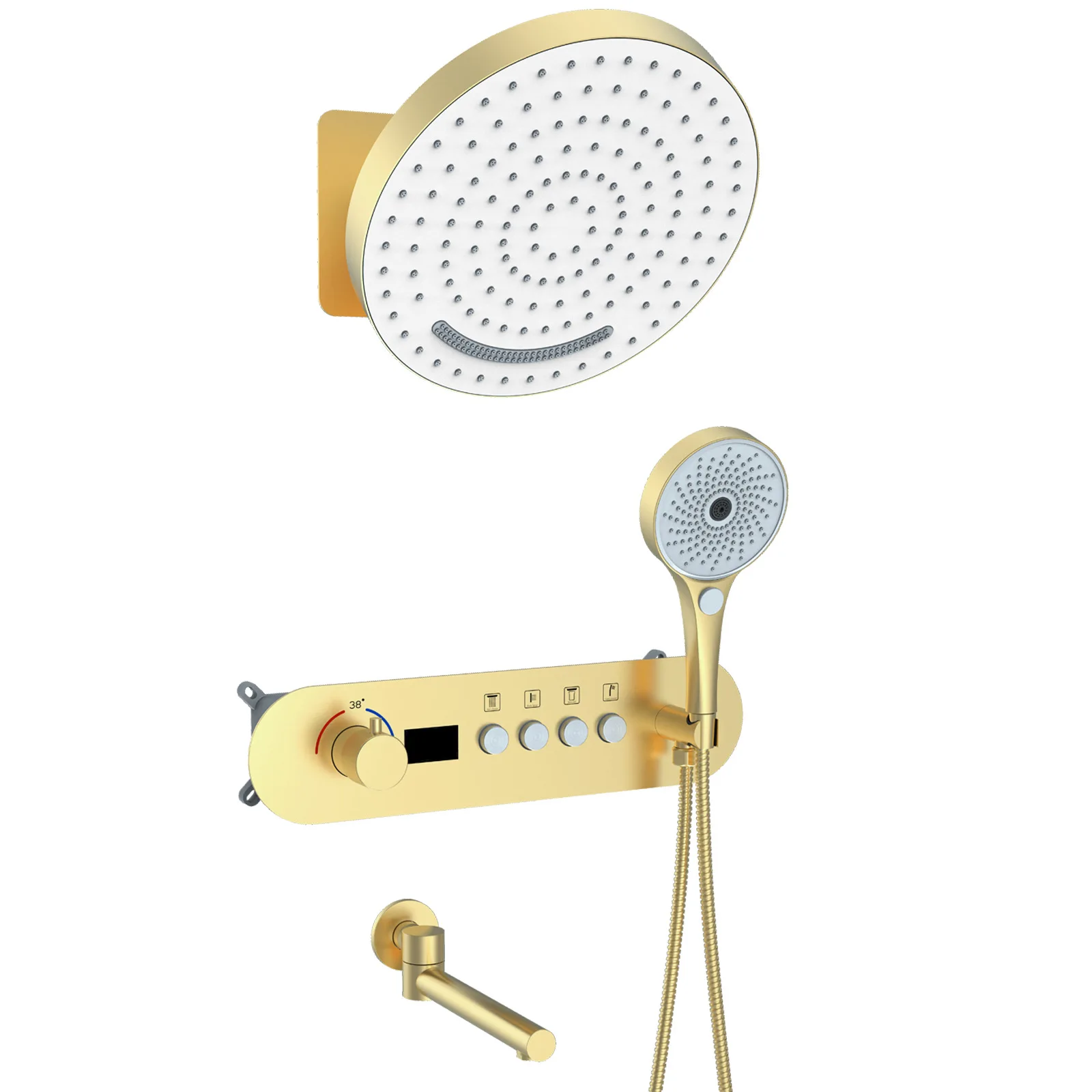 

Brushed Gold 4 Functions Bathroom shower faucet set Wall Mounted Brass Thermostatic shower set 320mm Big 2 mode Rain shower head