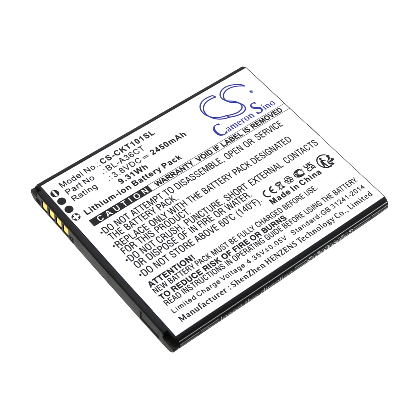 CS Replacement Battery For Cricket Debut Smart, SL101AE BL-A36CT 2450mAh / 9.31Wh