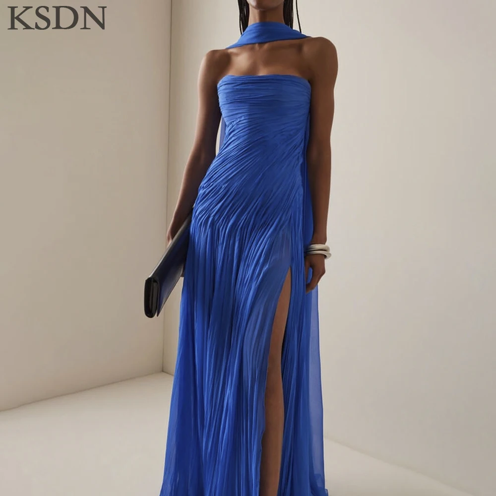 

Elegant Blue Evening Dresses for Special Event Strapless Pleat Sweep Train Split Sleeveless Dress High Quality Customzied Gowns