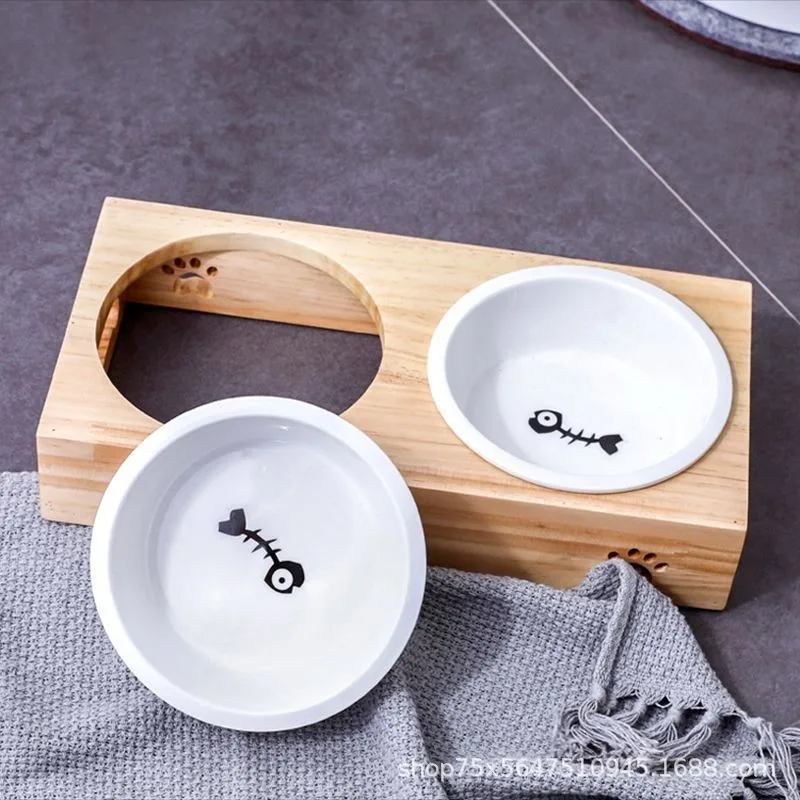 고양이 Pet Dog Cat Ceramic Bowl Bamboo Wooden Table Into A Kitten Skid Resistant Double Bowl Small Dog Food Bowl 강아지밥그릇