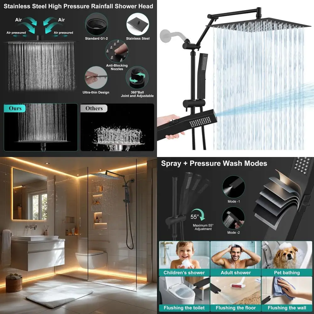 

12 Metal Rain Shower Combo with Handheld Spray, Square Head, 16 Extendable Arm, 3-Way Diverter, Matte Black