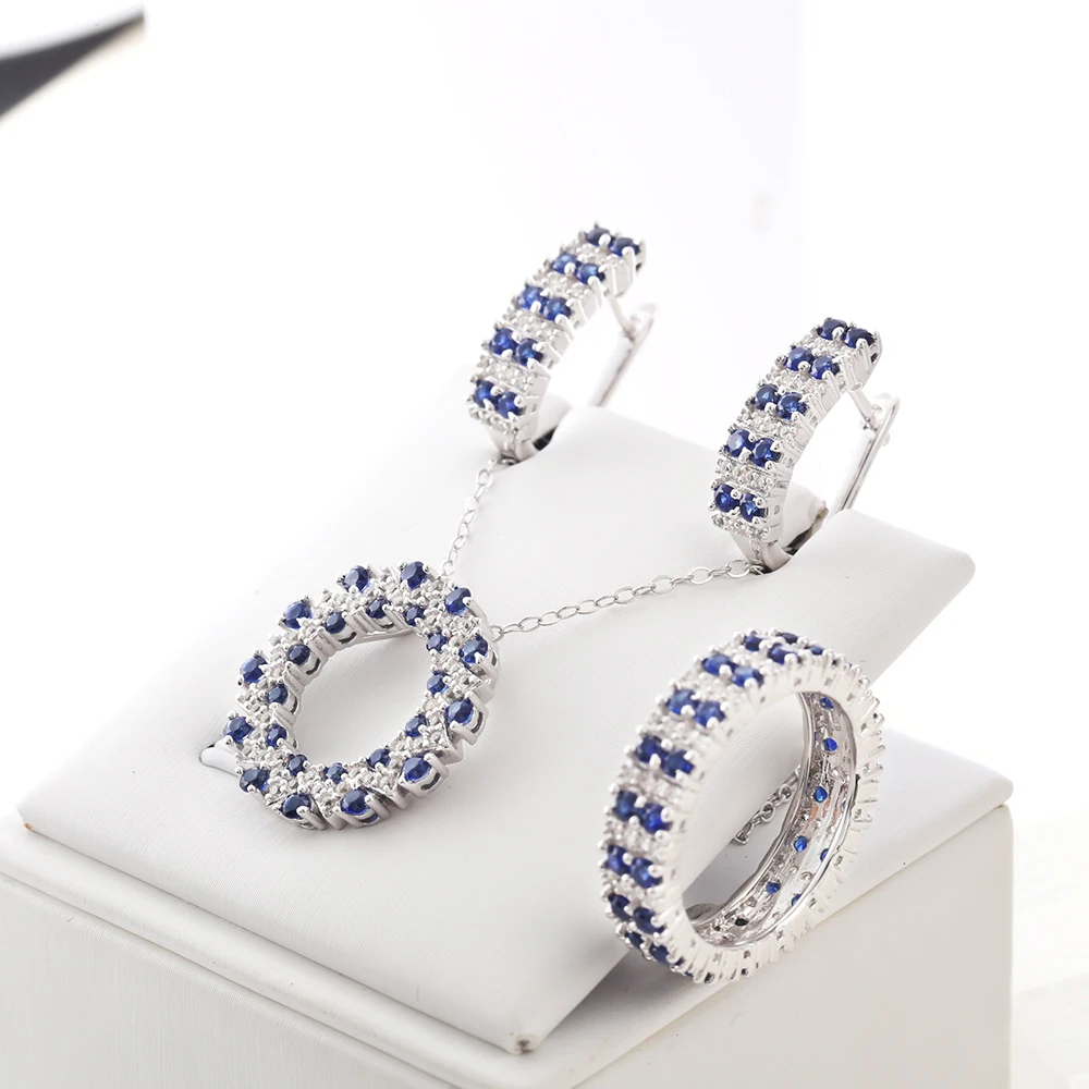 CHARMING 2025 Blue Sapphire Jewelry Set Lab Grown Gemstone 925 Sterling Silver for Women Stud Earring Necklace Ring Vintage Gift