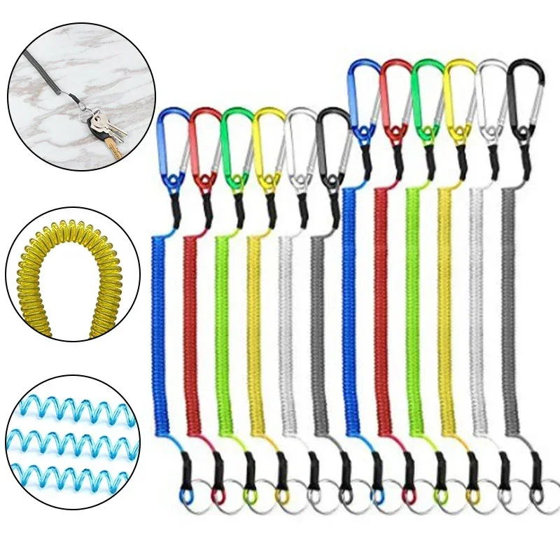 1.2m Max Stretch Spiral Keychain Elastic Spring Rope Anti-lost Phone Key Ring Metal Carabiner for Outdoor Fishing Lanyards