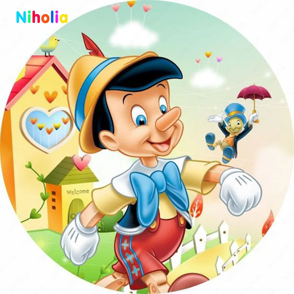 Disney Adventures Pinocchio Backdrops Round Cover For Kids Boys Birthday Party Jiminy Grandpa Carpenter Photography Background