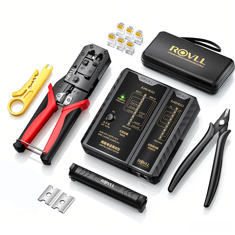 ROVLL RJ45 Crimp Tool Kit Crimper Punch Down Tool CAT5E CAT6 RJ45 Connectors TEL LAN Cable Tester Network Cable Repair Tool Set