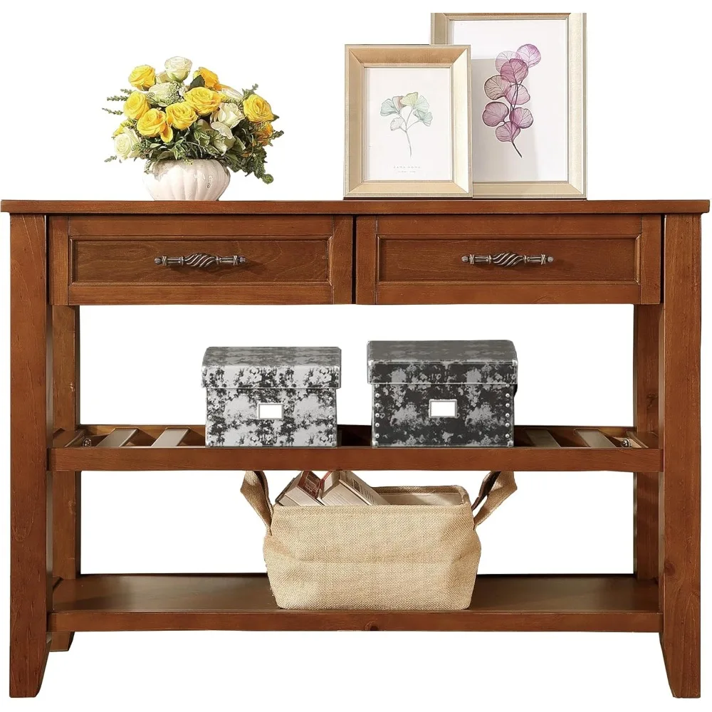 

Solid Wood Console Table Entryway Table with Storage Drawers and Shelves Sofa Tables (42" Brown)