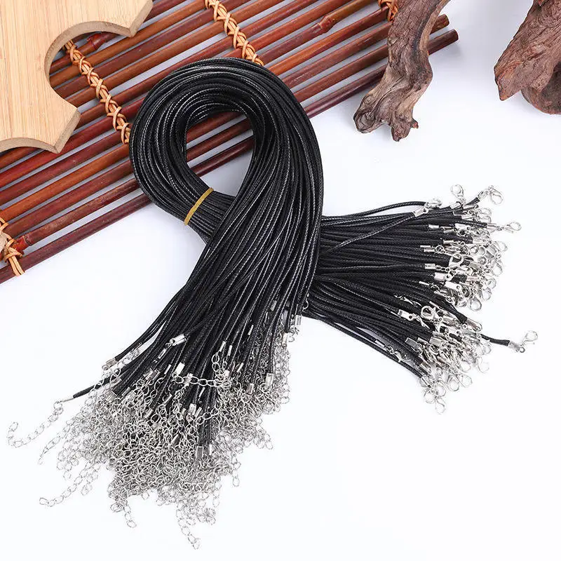 Black Leather Chain Necklace Handmade Adjustable Braid Rope Necklace Pendant Charms Findings Lobster Clasp String Cord Necklaces