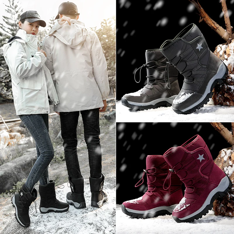 Winter Work Boots Womens Shoes Comfort Waterproof Cotton Shoes Male Plus Velvet Warm Couple Snow Boots Outdoor Size 43 Black