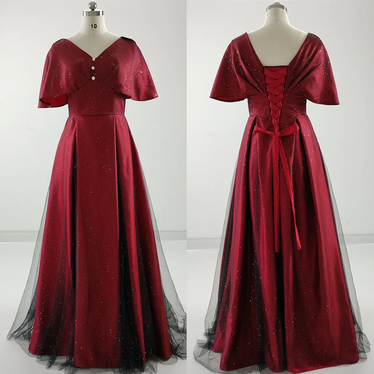 

Real Photo Evening Dress V-Neck Short Sleeves Burgundy Lace Up Floor Length A-Line Pleat Satin Plus Size Women Party Gown B2689