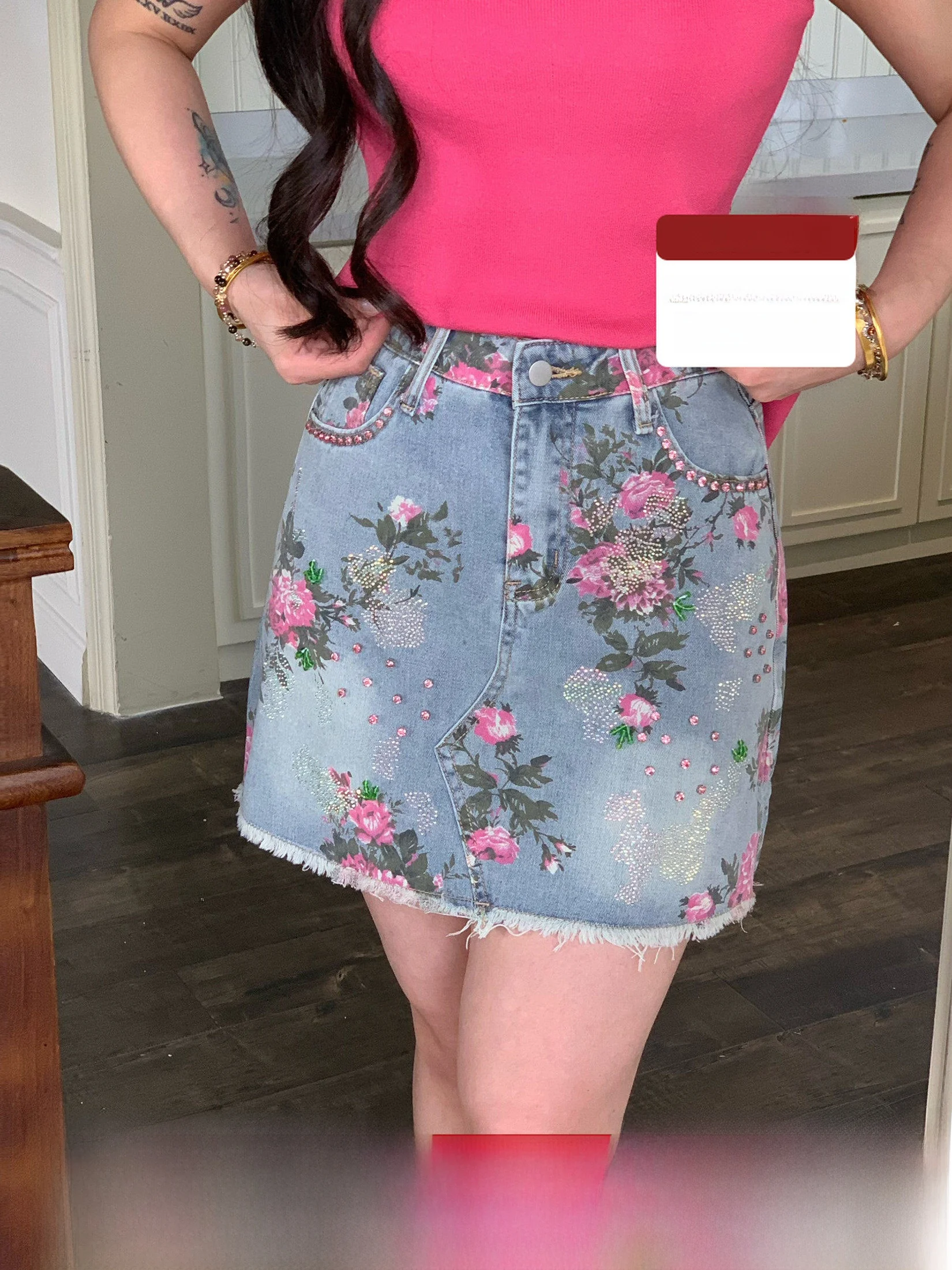 

Rose Denim Floral Embroidery Short Skirt Women's Summer plus Size Faded Hemline High Waist Cotton Blend Casual Skirt