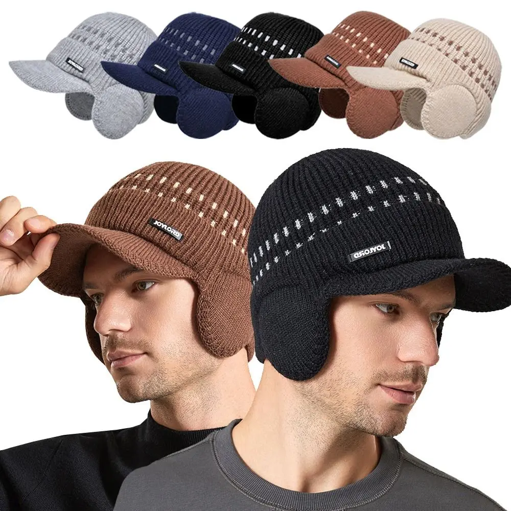 

Plush Lined Beanies Hats Cold Protection Cold-proof With Earflap Knitted Cap Ear Protection Hats Winter Warm