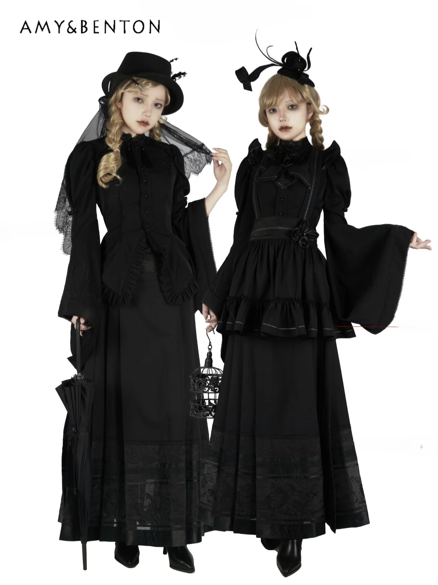 

Subculture Goth Lolita Skirt Sets Vintage Court Embroidery Trumpet Sleeve Shirt Lotus Leaf Edge Strap Skirt Two-piece Set Women