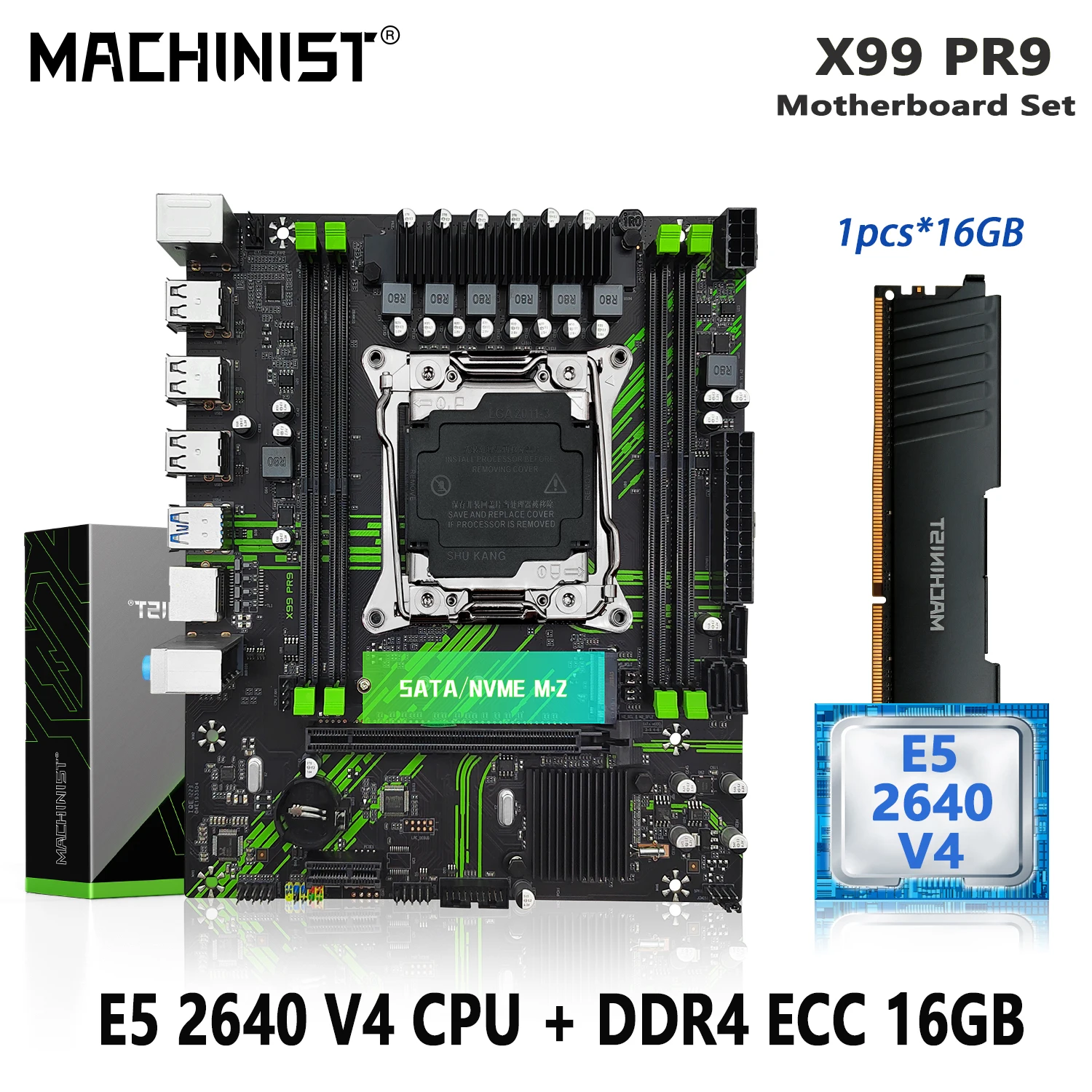 

MACHINIST X99 Pr9 Motherboard LGA 2011-3 Set Kit Xeon E5 2640 V4 CPU Processor 1X16=16GB DDR4 ECC RAM Memory SSD M.2 M-ATX