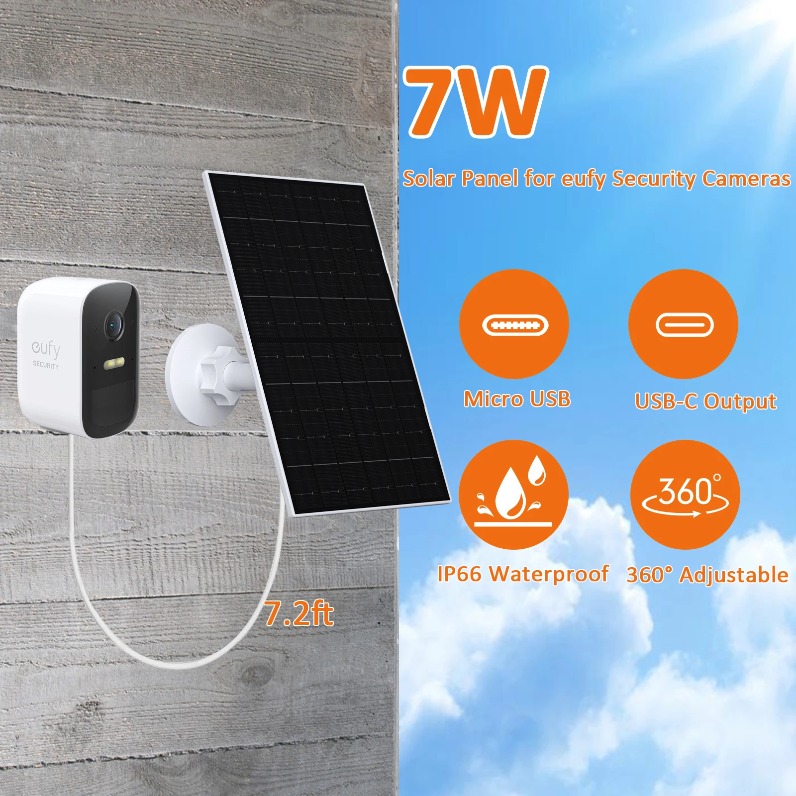 7W Solar Panel for eufy Security Camera Outdoor IP66 Waterproof Solar Charger with USB-C Micro USB Cable 360° Mount