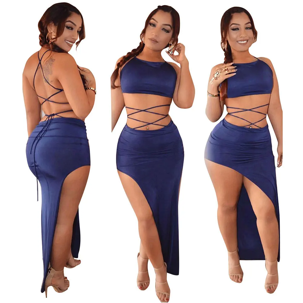 Set due pezzi sexy con cinturino sottile, fasciatura, abiti da festa con lacci da donna da discoteca Maxi Vestido Plus Size 3XS-3XL