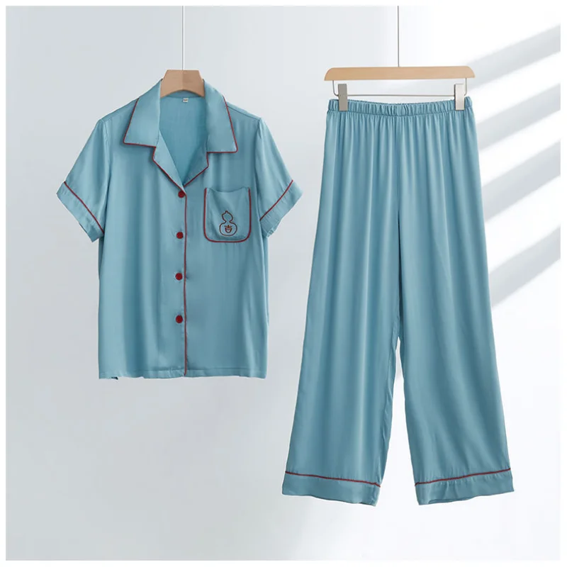 

2023 Satin Pajamas for Men and Women Embroidery Loungewear Short Sleeve Top Long Pants Set Woman 2 Pieces Viscose Sleepwear