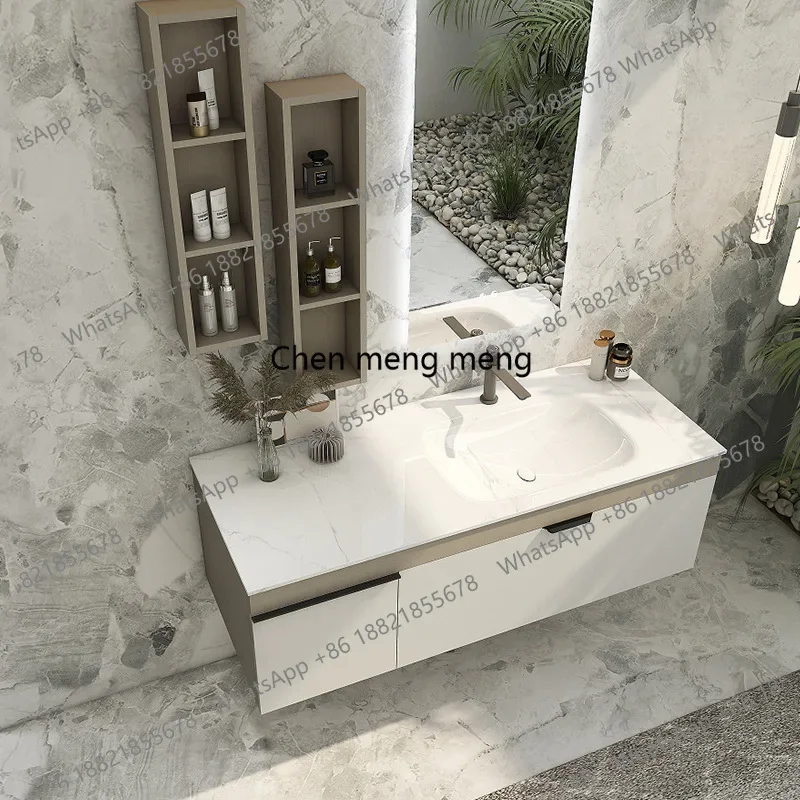 

F150 Cream gray ceramic integrated washbasin cabinet combined rock slab countertop bathroom cabinet simple washbasin