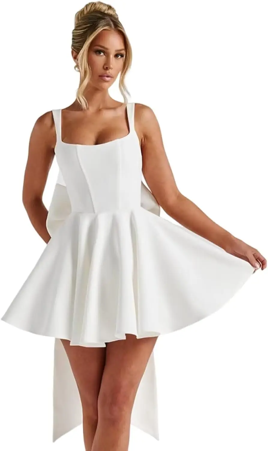 

Teenage Satin Back To School Dress, Square Neck Short Party Ball Gown with Bow, Off Shoulder Spaghetti with Cocktail Party Gown