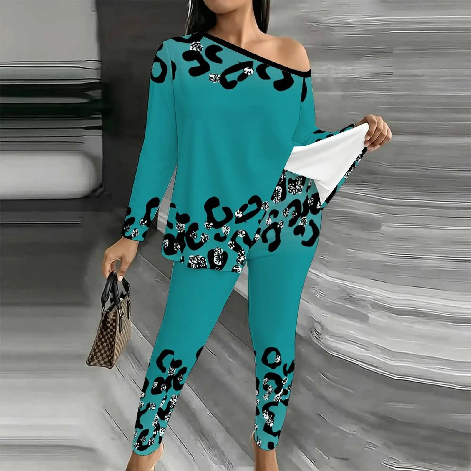 Off Shoulder T-shirt Elegant Two-piece Set Autumn Winter Women's Diagonal Collar Long Sleeved Fashion Printed Jogging Pants