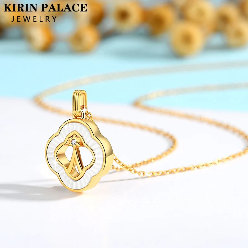 

Genuine AU750 Real 18K Gold White Shell Four Leaf Clover Pendant Necklace For Woman Present Fine Jewelry