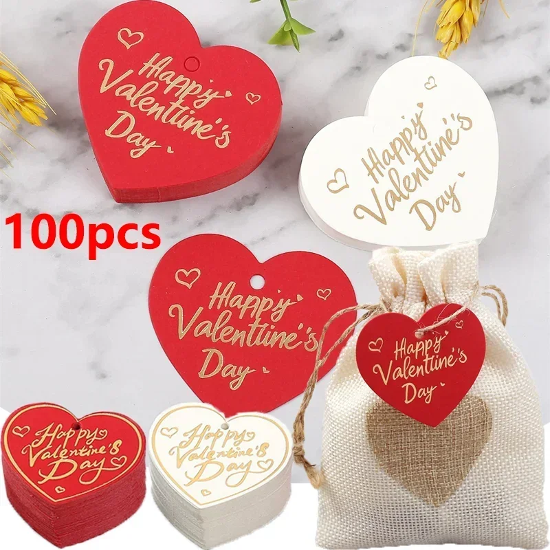 100 Uds. Etiquetas de papel de forma redonda de corazón, tarjetas de etiquetas de regalo para el Día de San Valentín, colgante de San Valentín, accesorios DIY, decoración artesanal