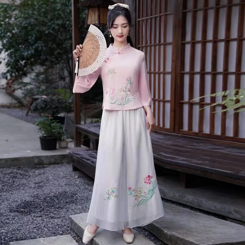 Chinese Traditional ClothesL Iterature Art Retro Spring  Autumn Comfortable  Chiffon Embroidery Wide Leg Trousers Baggy Trousers