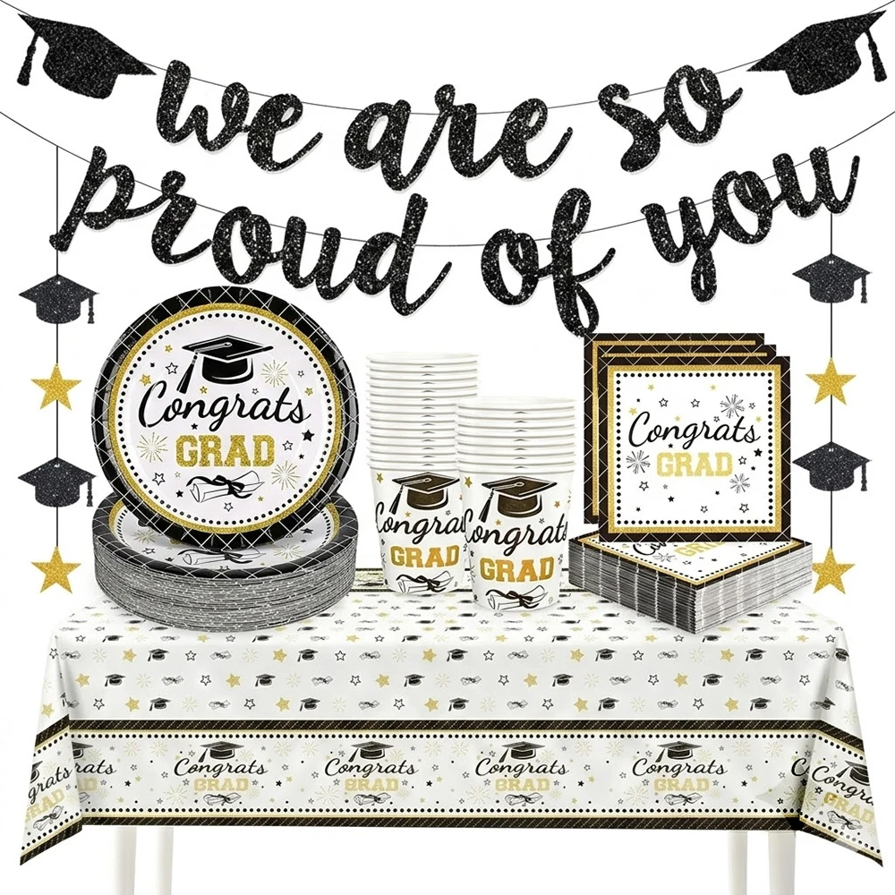 Décorations de fête de remise de diplôme, vaisselle, assiettes en papier noires et dorées, gobelets, serviettes, nappe, bannière pour les fournitures de fête de remise de diplôme