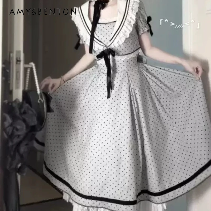 

Heavy Industry Cute Polka Dot Lolita Women's Dress 2026 New Sweet Lace Splicing Sailor Collar Smock Crinoline 3-piece Set Ladies