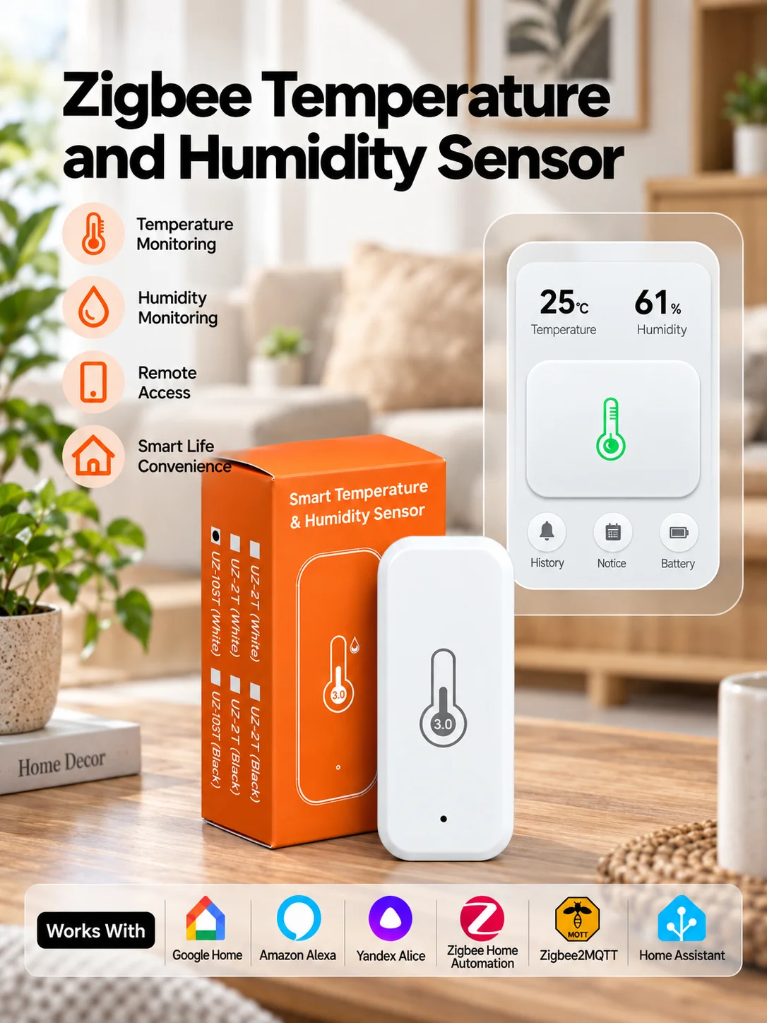 Zigbee Temperatur- und Feuchtigkeitssensor, intelligentes Innenraumthermometer und Hygrometer für Smart Home, Fernbedienung über App, kompatibel mit Yandex Z2M, Smart Life und Alexa.