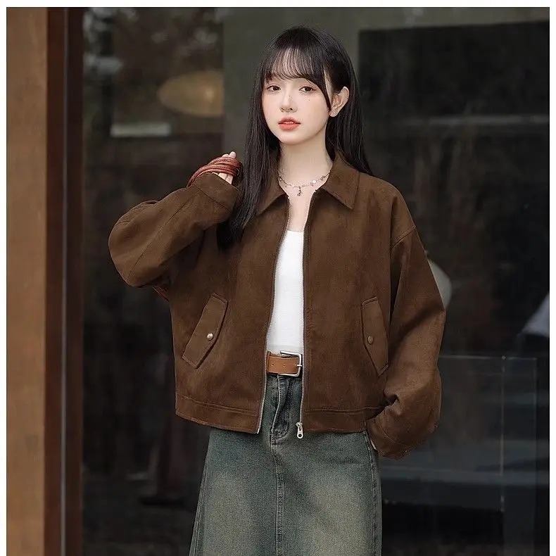 

Women Spring Autumn Short Zipper Jacket New Casual Long Sleeve Coffee Cardigan Coat Female Korean Loose Overcoat All-match Tops
