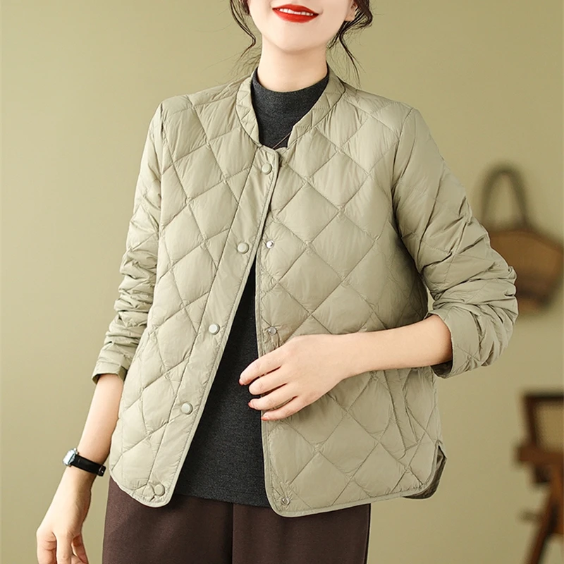 

New Winter Jacket Retro Rhombic Down Cotton Padded Coats Loose Women's Joker Stand Collar Long Sleeve Casual Outwear Female Tops