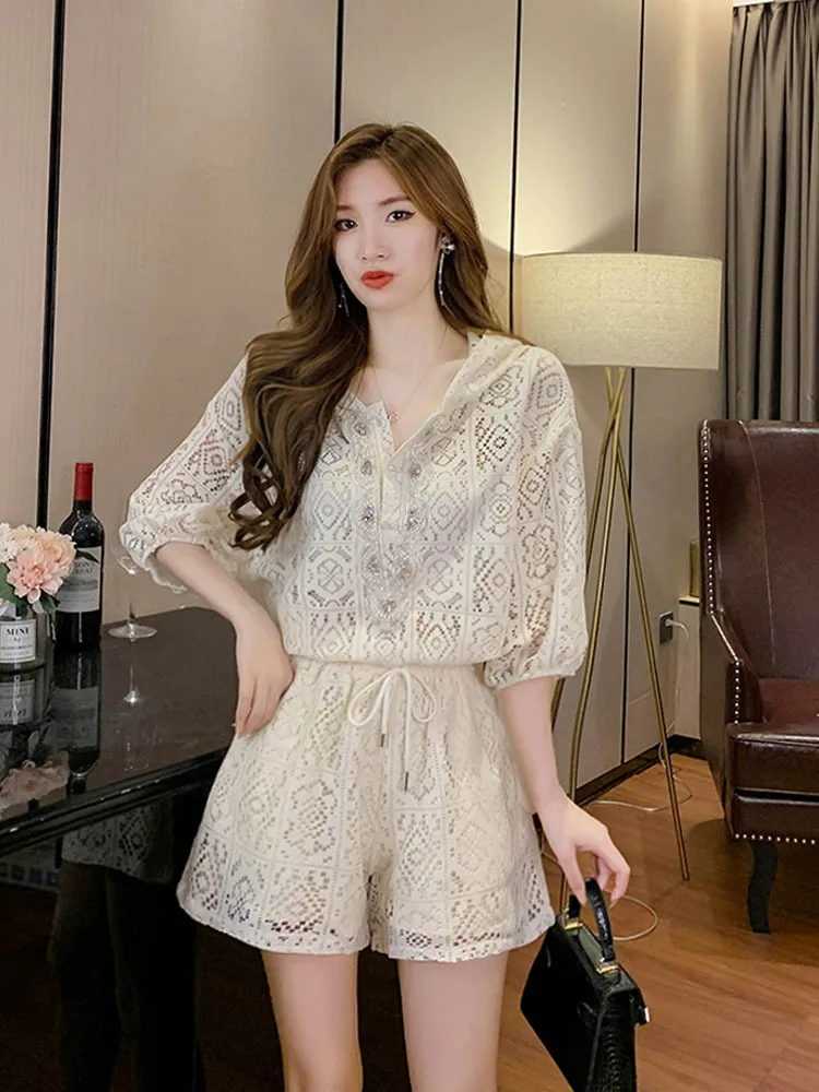 Rhinestone Spring Summer 2023 New Lace hollow out Short Sleeve Top+ High Waist Shorts Two Piece Set