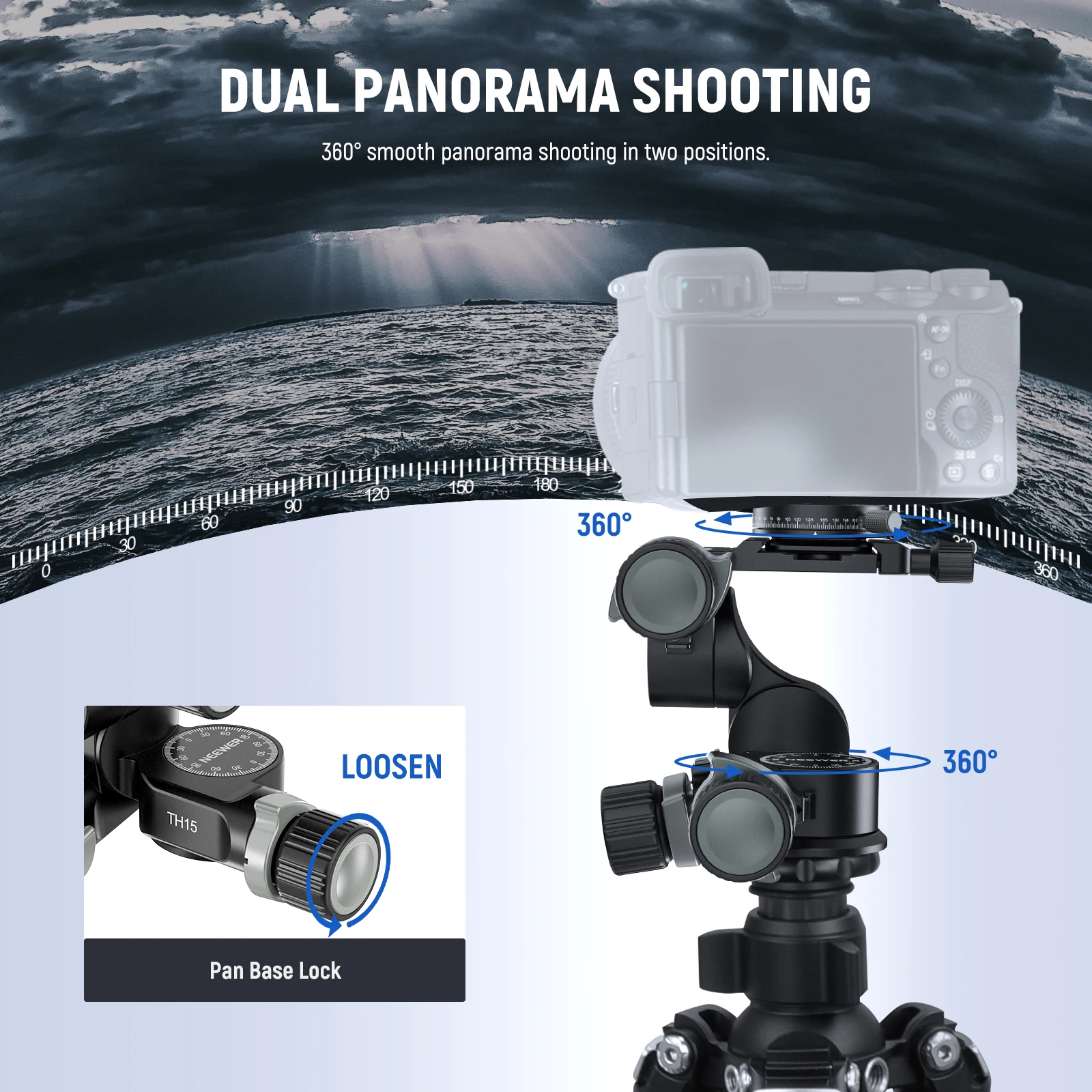 NEEWER 3 Way Geared Tripod Head with 360° Panoramic Arca QR Plate Millimeter Micro Adjustment Aluminum Alloy 3 Axis Head