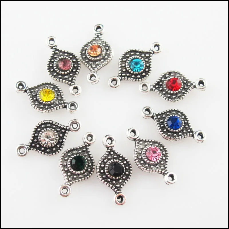 30Pcs Mixed Crystal Antique Silver Color Eye Flower Charms Connectors 8x16mm