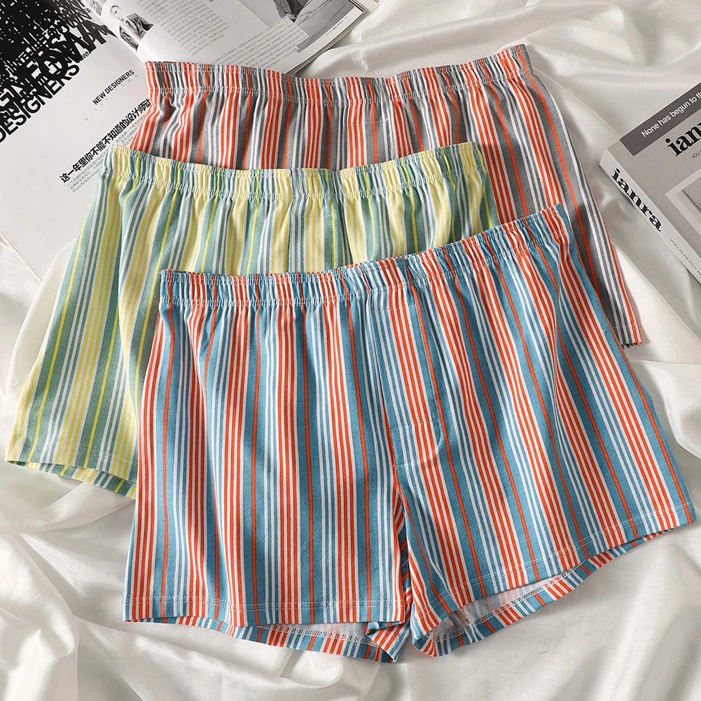 

Cotton Striped Boxer Shorts Men Loose Underpants Large Size Summer Home Bottom Soft Breathable Pajama Mid Waist Sleepwear