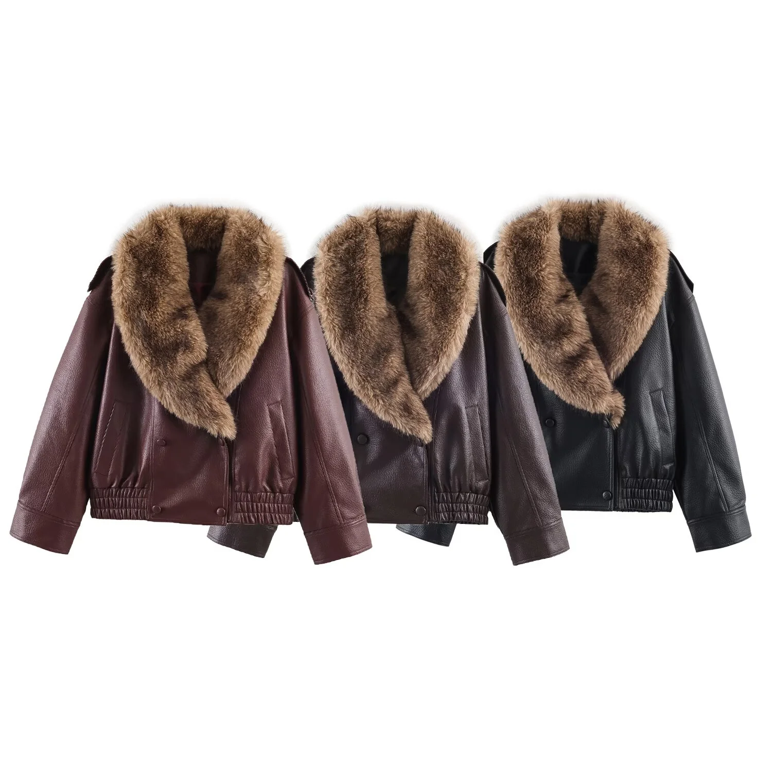 แจ็คเก็ตหนังเทียมแขนยาวทรงหลวมสไตล์ลำลองแฟชั่นใหม่สำหรับผู้หญิงฤดูหนาวปี 2025 พร้อมปกขนสัตว์ถอดได้