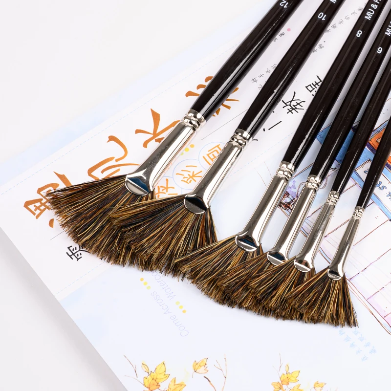 Boar Bristle Hair Fan Brush Oil & Acrylic Painting Brush Tree Grass Artist tools Long Wooden Handle 602FAN  MU HE ART