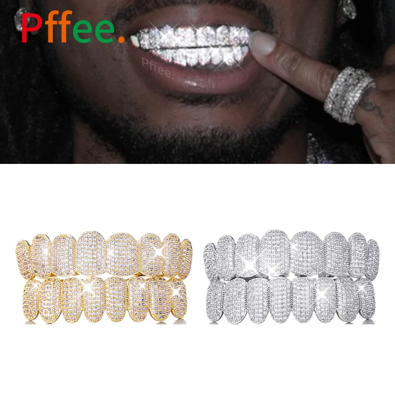 Pffee Hiphop Tanden Grillz Steentjes Ijskoud Zilver 18K Vergulde Tand Shackle Rapper Sieraden Grills Voor Mannen Vrouwen