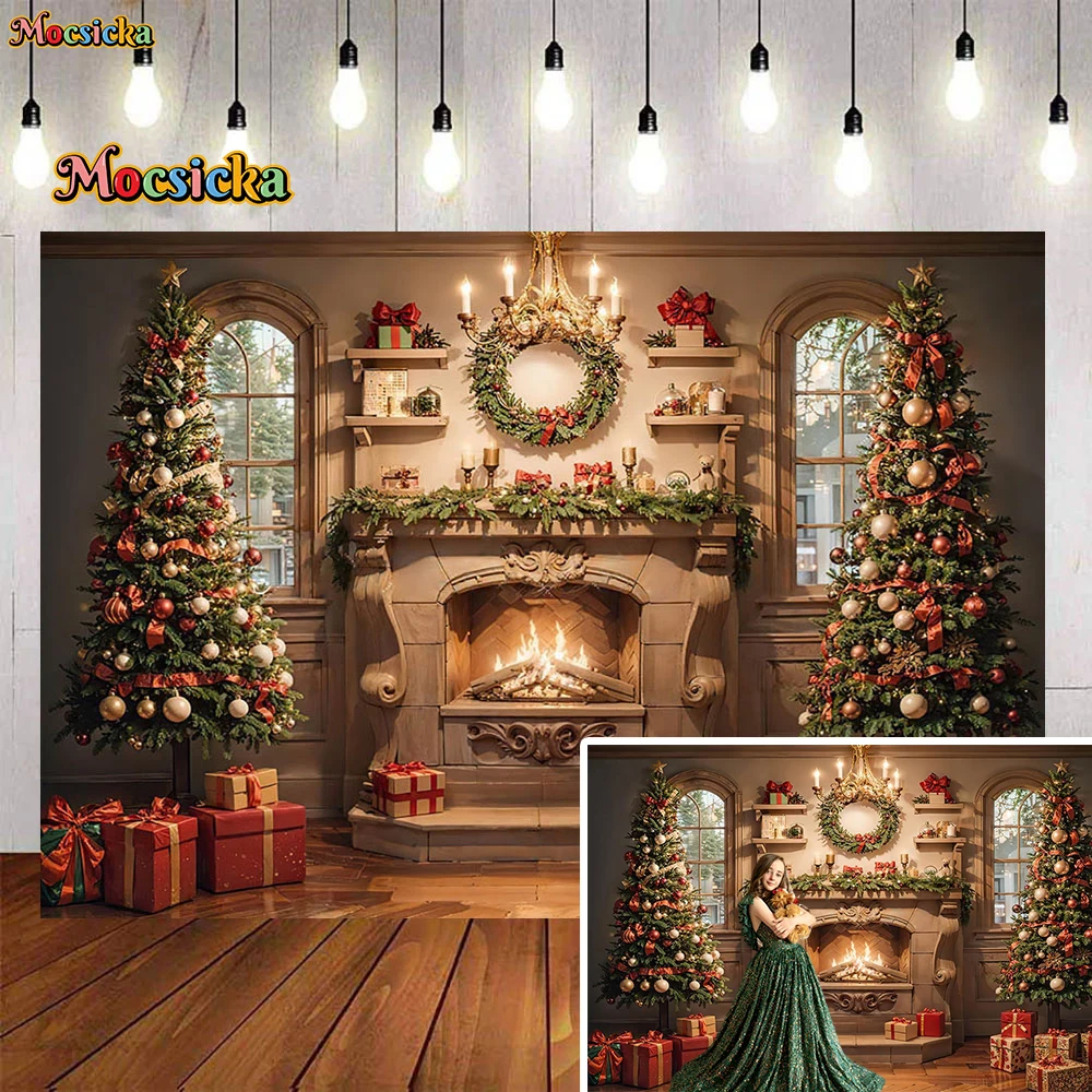 

Christmas Fireplace Photography Background Studio Cosy Room Candle Xmas Tree Gift Backdrop Family Kid Portrait Studio Photoshoot