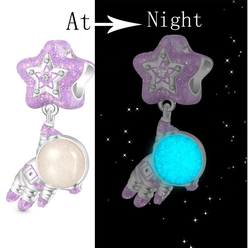 

New 925 Sterling Silver Astronauts With Glowing Helmets Charm of ley 925 Chain Beaded Fit Original Pendant Bracelet DIY Jewelry