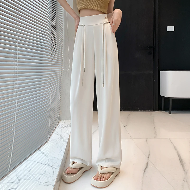 2023 Summer New Women\'s Fashion Temperament Solid Color Drawstring High Waist Casual Straight Loose Dragging Wide Leg Pants