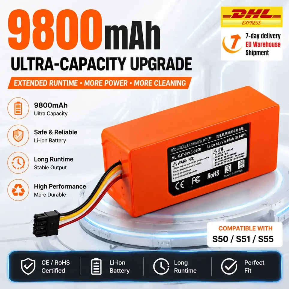 Batteria di ricambio per aspirapolvere robot Xiaomi Roborock S55 S60 S65 S50 S51 S5 MAX, ricambi S6, 14,4 V, 9800 mAh.