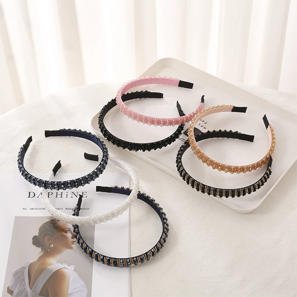 Fashion Korea Crystal Soft Headband For Women Rhinestone Hairband Beads Bezel Girls Hair Accessories Simple Headwear Hair Hoop