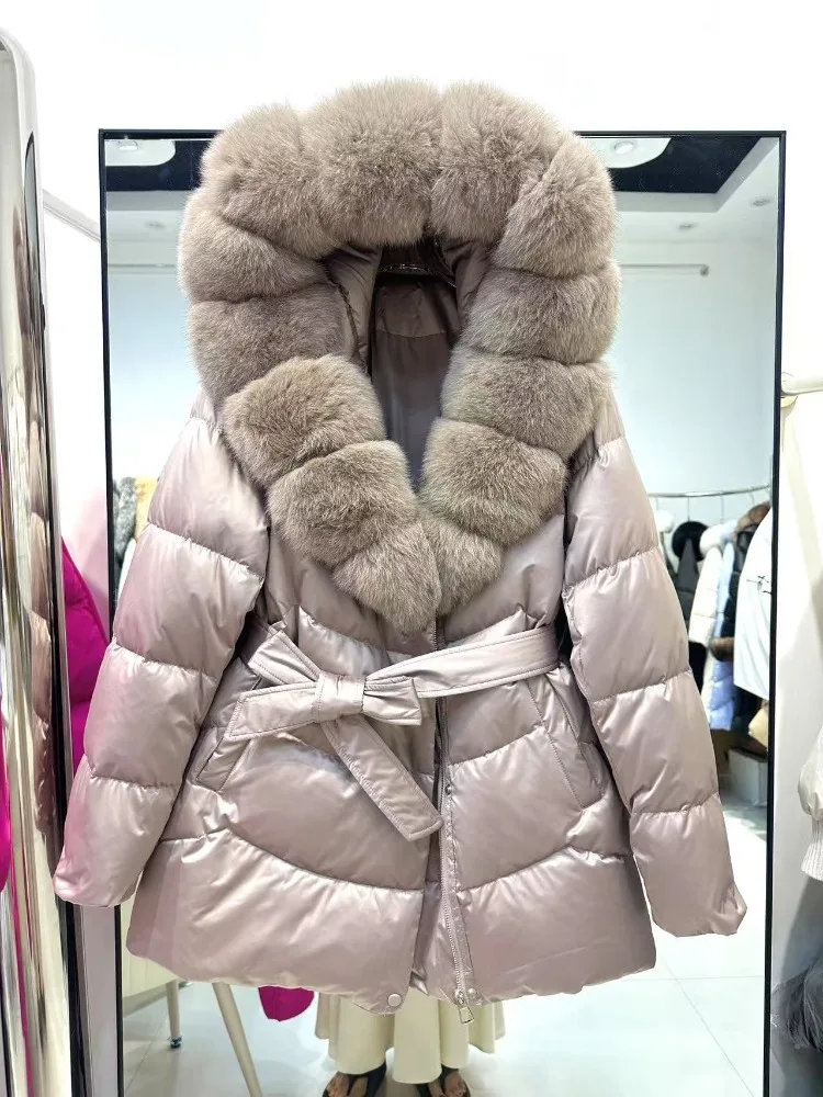 2025 여성 겨울 90% 거위털 재킷 두꺼운 따뜻한 여성 파카 방수 럭셔리 대형 천연 은여우털 후드