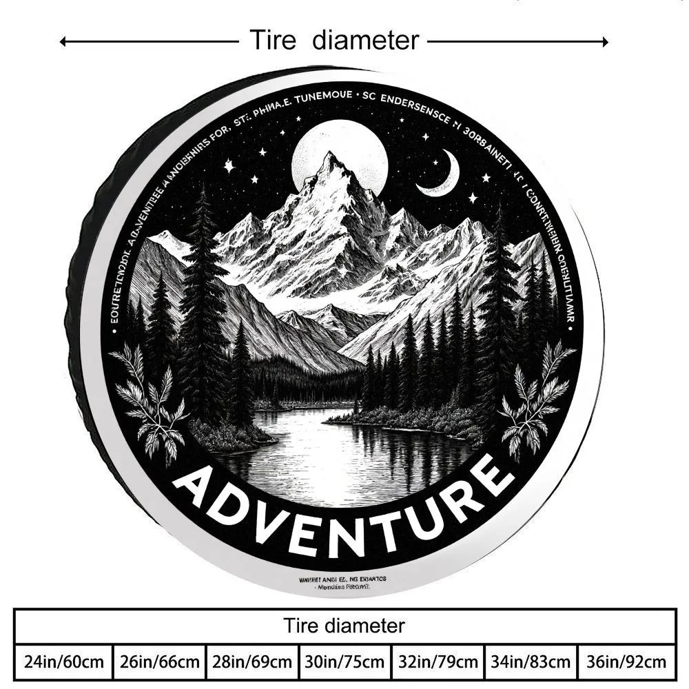 

Adventure Landscape Tire Cover Black White Mountain Print Durable Polyester Spare Wheel Protector