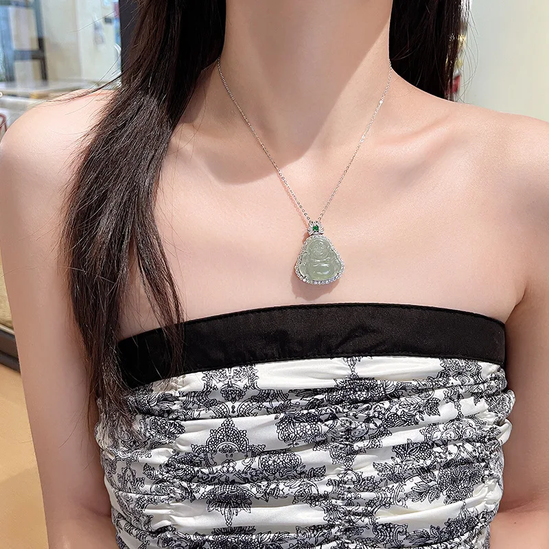 New in fresh green pendant Chinese style natural chalcedony Maitreya Buddha necklace women's light luxury collar chain jewelry
