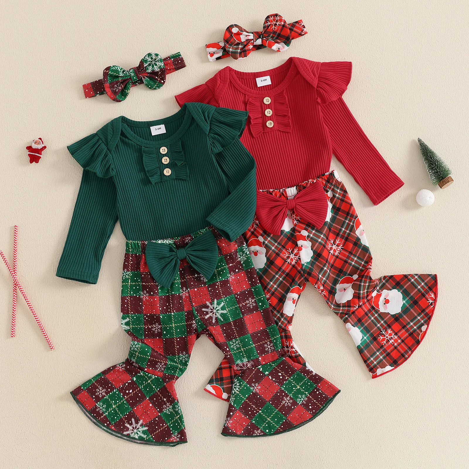 Baby Girl Christmas Outfit, Ruffle Long Sleeve Ribbed Romper Santa Claus Print Plaid Flare Pants Headband 3 Piece Set