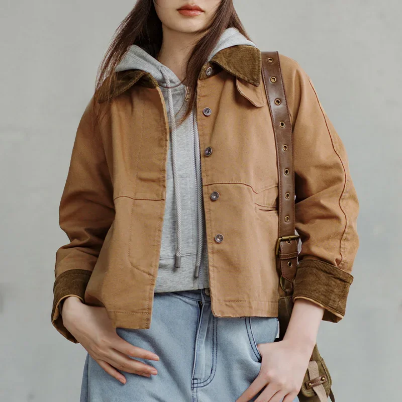 

Retro Khaki Corduroy Collar Women's Jacket Heavyweight Canvas Outerwear Loose Fit Casual Coat for Autumn Tops